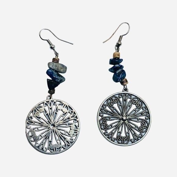 Lapis Lazuli Navy Blue Stone Paisley Flower Silver Tone Drop Dangle Earrings - Picture 3 of 5